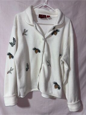 White Embroidered Pinecone Fleece Snap-Front Jacket